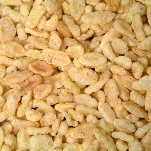 Close-up of a pile of light brown rice krispies treats.