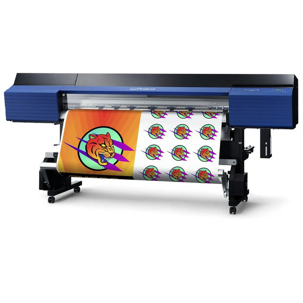 Wide-format printer with colorful design on a roll of vinyl paper.