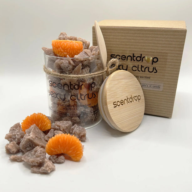 A scented bath soak product set on a white studio background, featuring a clear jar filled with chunky beige crystals and bright orange citrus slices, a round wooden lid engraved with the brand name, and a kraft paper box labeled 'scentdrop berry citrus'.