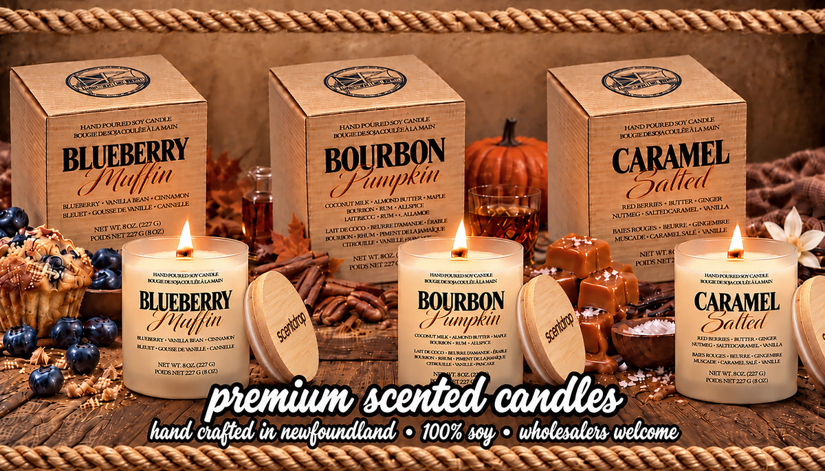 Three Scentdrop scented candles lite on a background of chocolate, caramel and blueberries displayed on a wooden rustic shelf with thick rope on top and bottom.