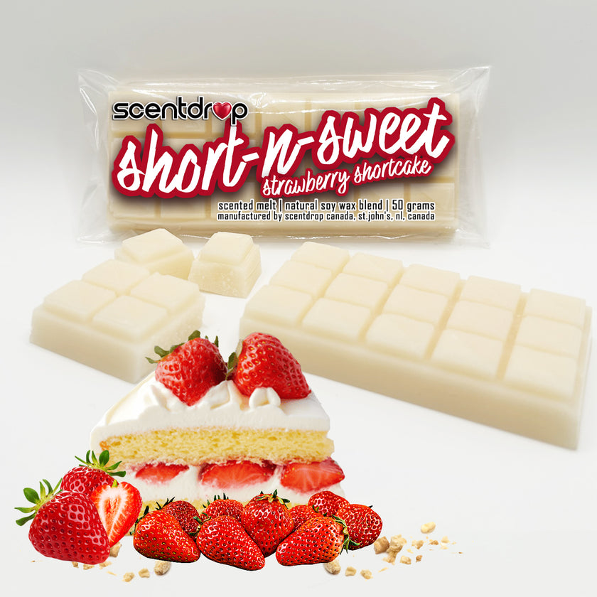 Scentdrop short-n-sweet strawberry shortcake wax melt packaging with a cake and strawberries on a white background