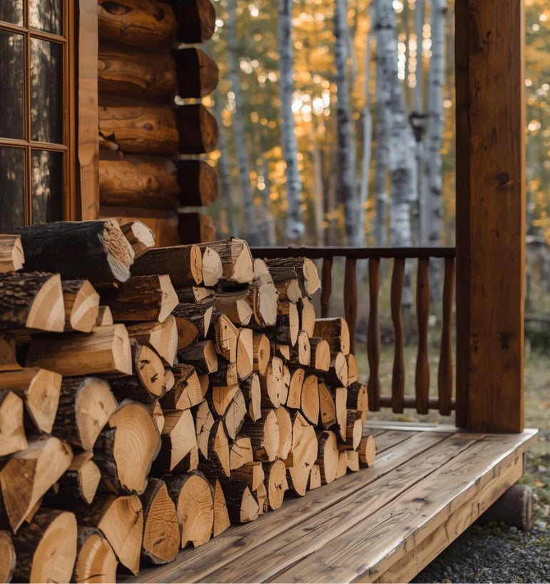 A pile of cedar wood pieces piles on a front porch of a log cabin.