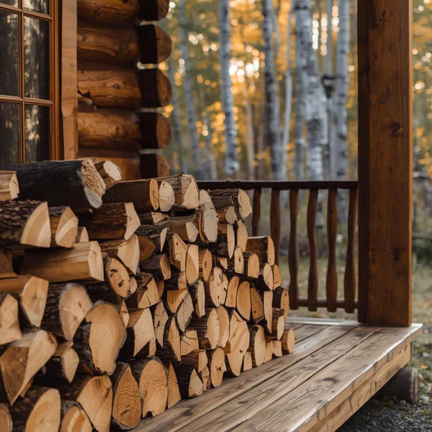 A pile of cedar wood pieces piles on a front porch of a log cabin.