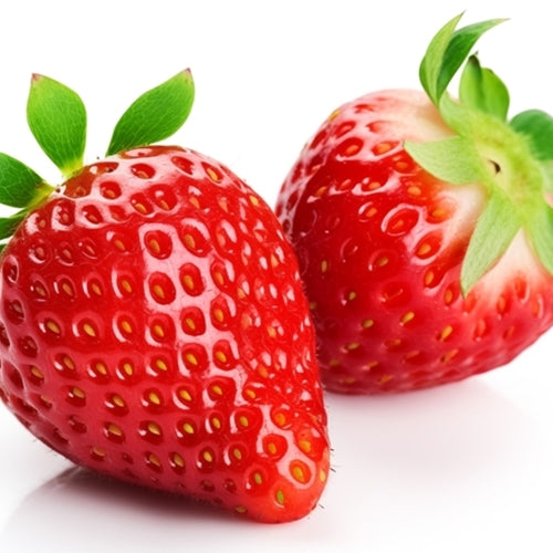 Two strawberries with green leaves on a white background