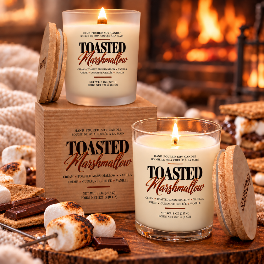 2 Toasted Marshmallow scented candles displayed with marshmallows and fire in the background.