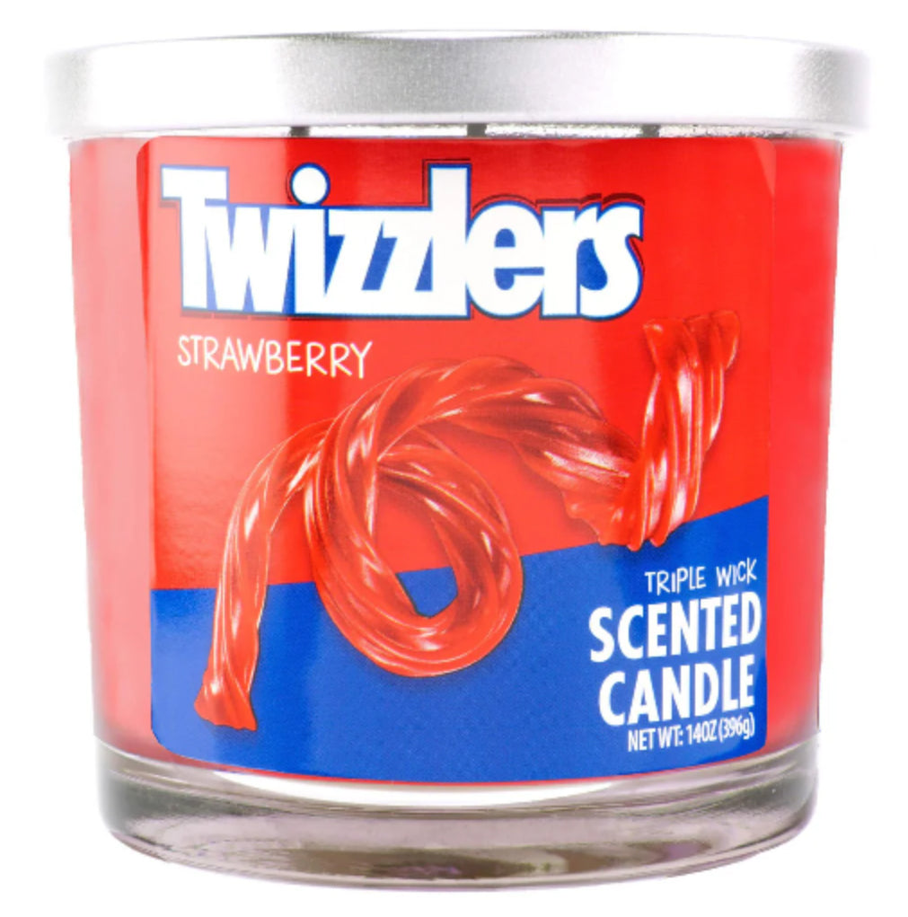 Twizzlers strawberry scented candle with red and blue label 14oz.