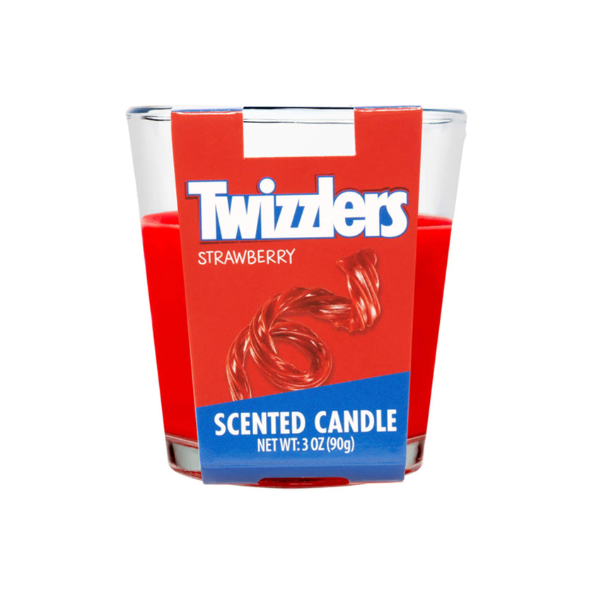 Twizzlers Strawberry scented candle in a clear holder with red and blue packaging 3oz.