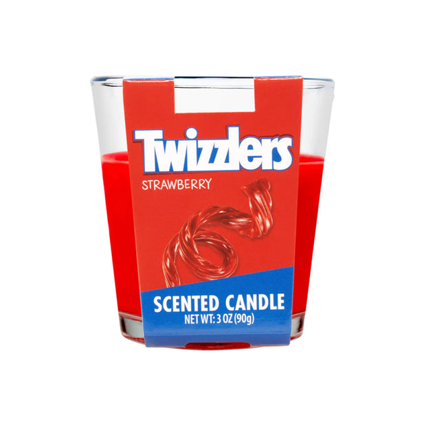 Twizzlers Strawberry scented candle in a clear holder with red and blue packaging 3oz.