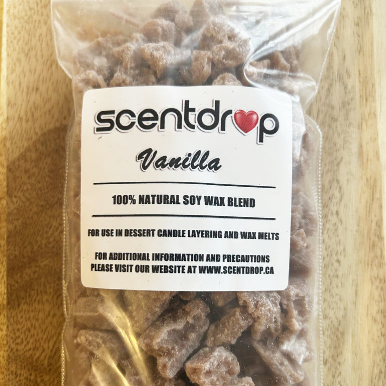 Bag of vanilla wax blend with Scentdrop label on a wooden surface