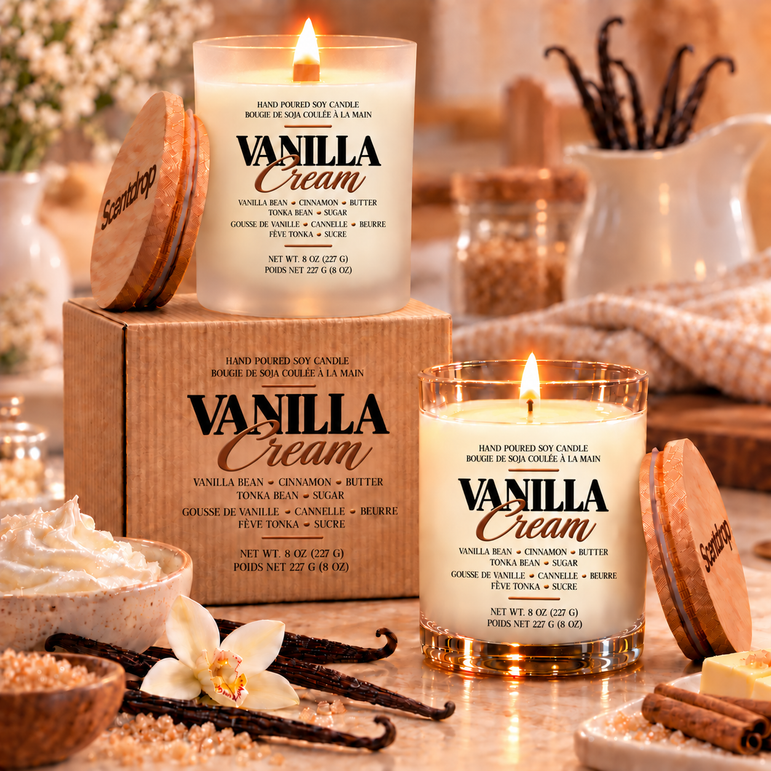 Two Vanilla Cream ScentDrop Canada scented candles in a cozy kitchen setting.