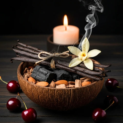 A bowl of ember wood and vanilla with a light candle on a dark background.