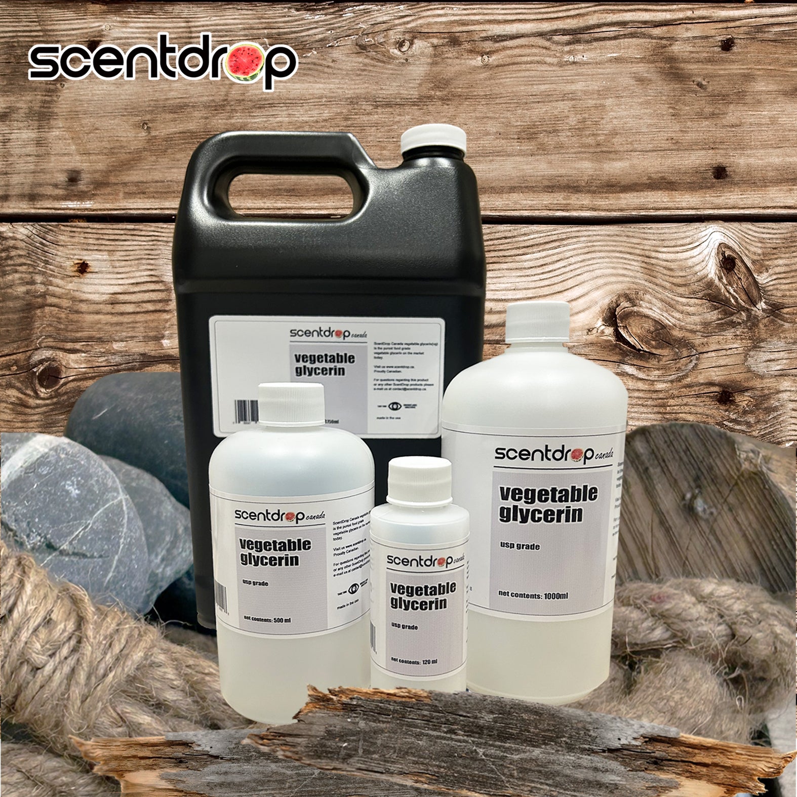 Collection of Scentdrop vegetable glycerin bottles on a wooden background