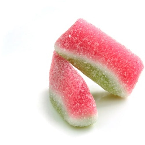 Two triangular gummy candies with a pink and green color scheme on a white background