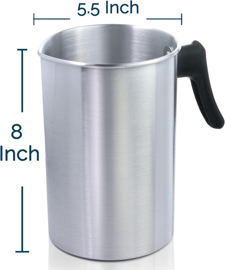 Stainless steel pitcher with dimensions labeled on a white background