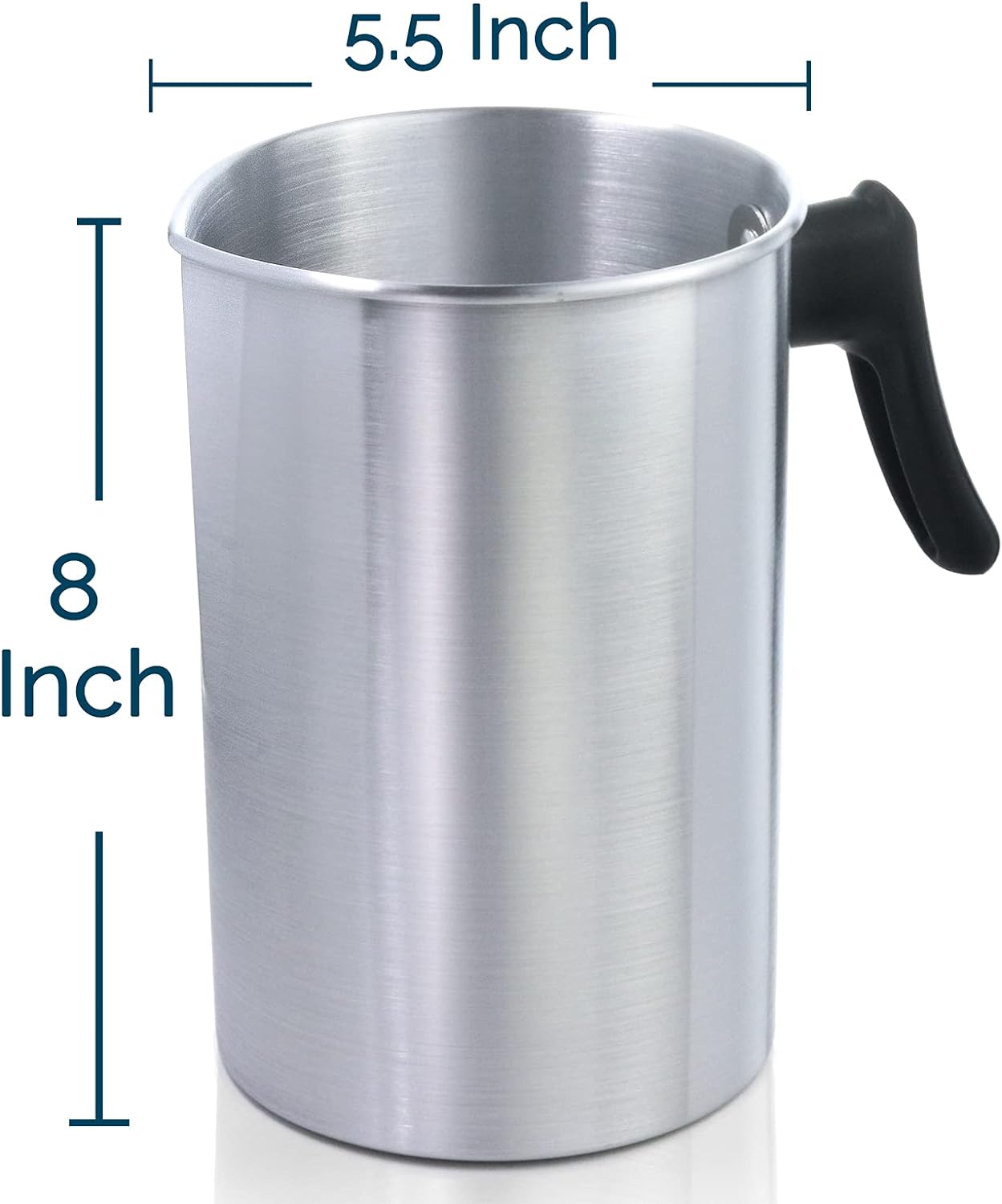 Stainless steel pitcher with dimensions labeled on a white background