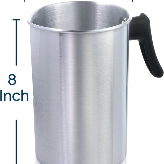Stainless steel pitcher with dimensions labeled on a white background