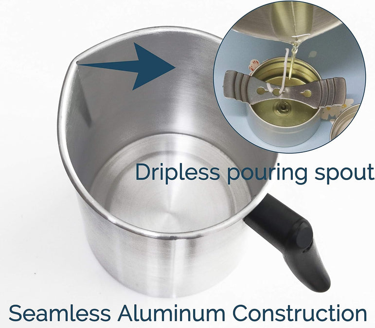 Stainless steel pot with a dripless pouring spout on a white background