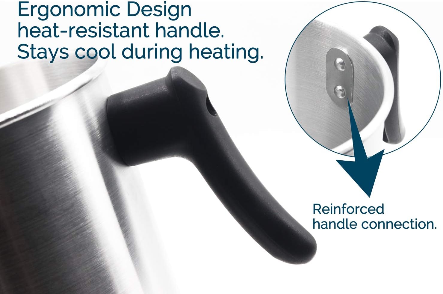 Stainless steel pot with ergonomic handle design, highlighting heat-resistant feature.