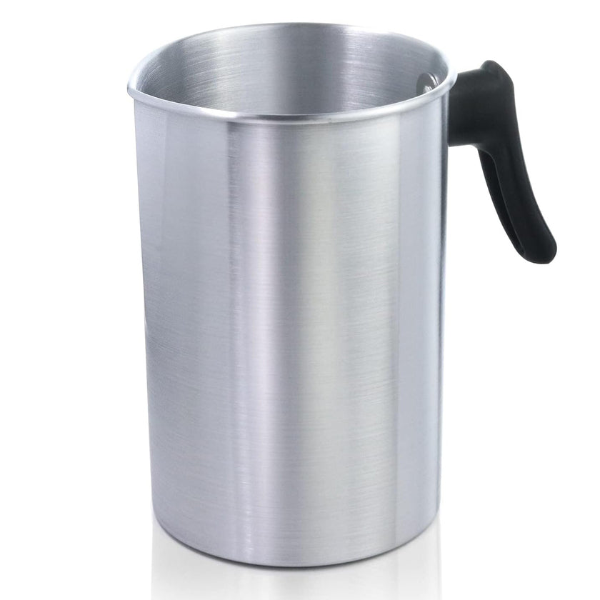 Metal pitcher with a black handle on a white background