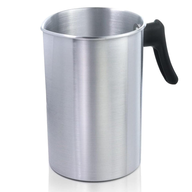 Metal pitcher with a black handle on a white background