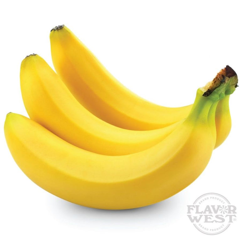 Bunch of bananas on a white background with 'Flavor West' logo.