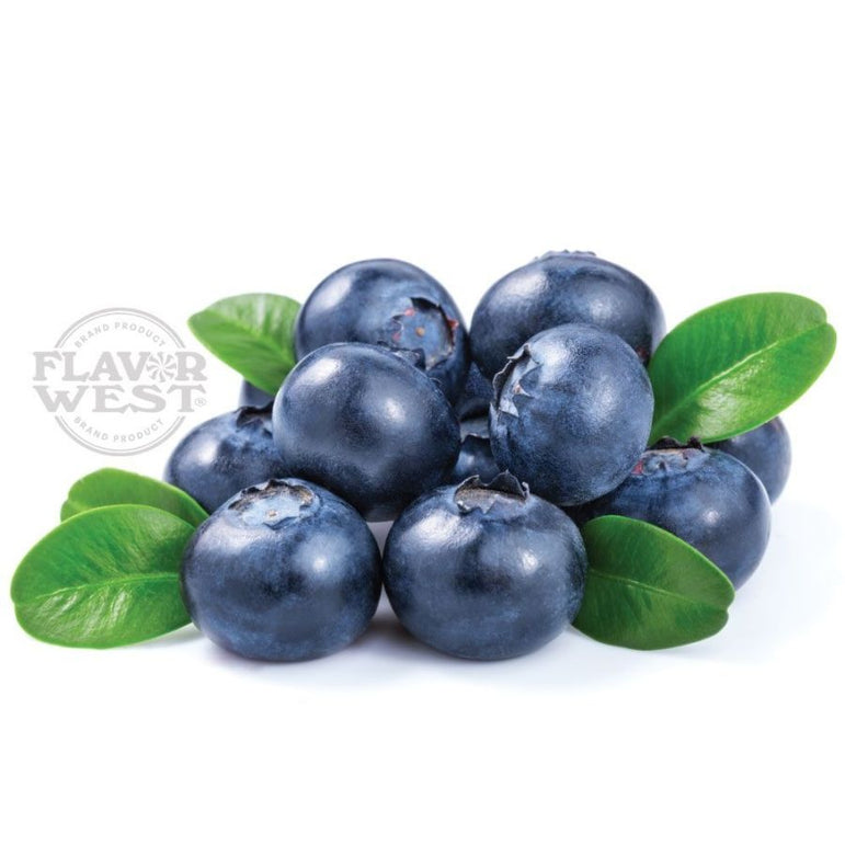 Blueberries with green leaves on a white background, featuring the Flavor West logo.