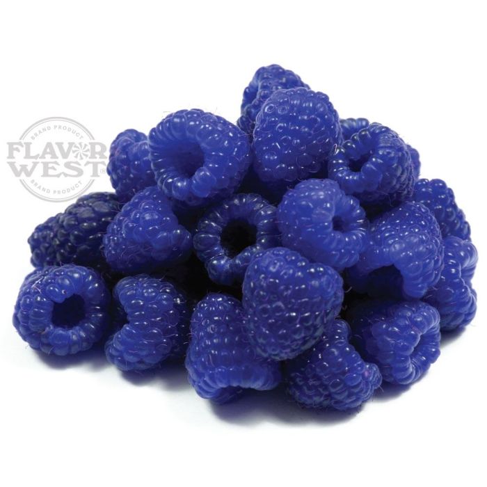 Blue raspberry candies with Flavor West logo on a white background
