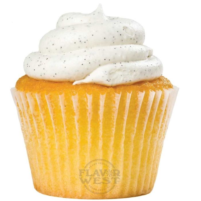 Cupcake with white frosting and speckles on a white background, featuring the Flavor West logo.