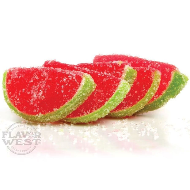 Red and green gummy candy slices on a white background with 'Flavor West' branding.
