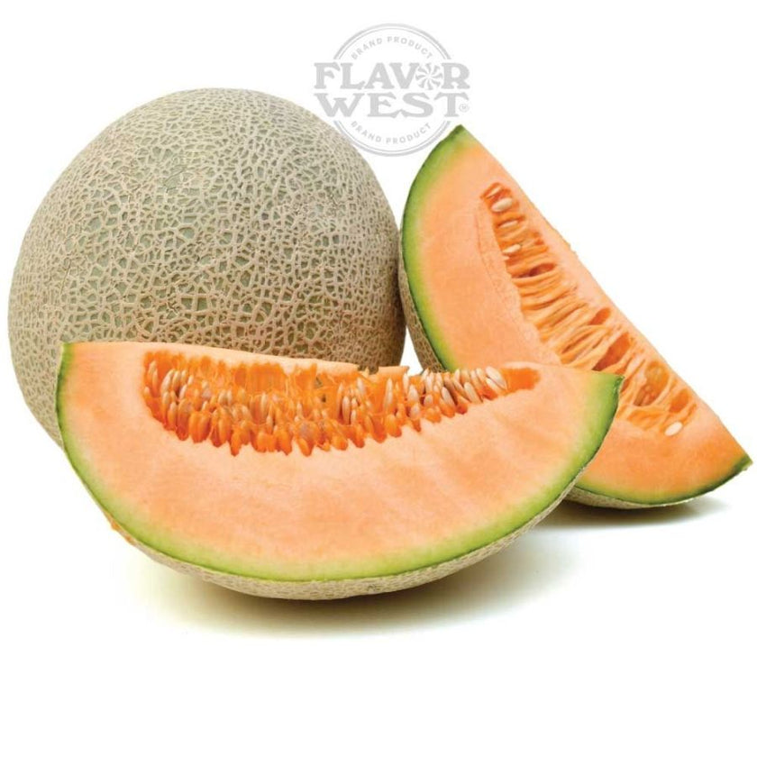 Whole and sliced cantaloupe with 'Flavor West' logo on a white background