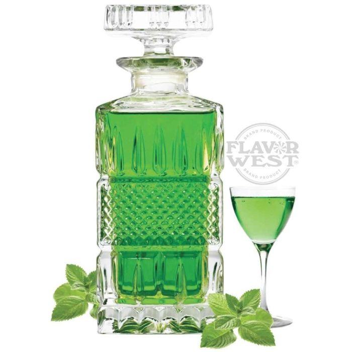 Green glass decanter with a glass of green liquid and mint leaves on a white background, featuring the Flavor West logo.