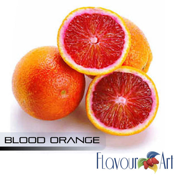 Blood oranges with a halved one showing vibrant red flesh on a white background, branded 'Flavour Art'.