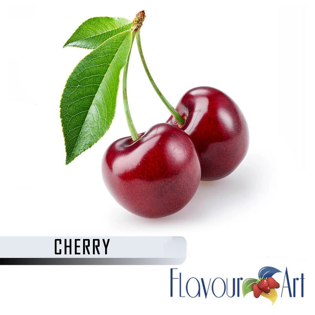 Two cherries with a green leaf on a white background, featuring the Flavour Art logo.