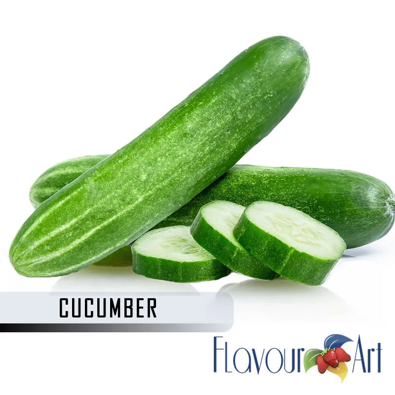 Cucumbers and sliced cucumber on a white background with Flavour Art logo.