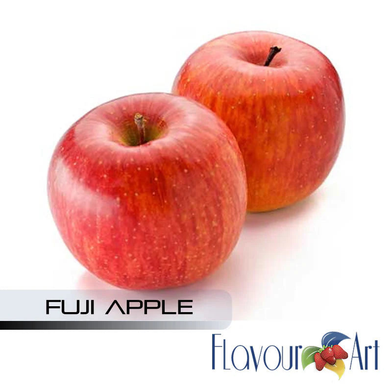 Two red Fuji apples on a white background with 'Flavour Art' branding.
