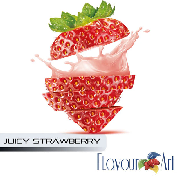 Artistic depiction of a strawberry with a splash of pink liquid, branded 'Flavour Art'.