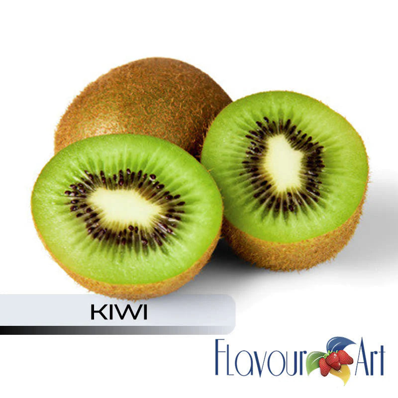 Kiwi fruit and sliced kiwi on a white background with Flavour Art logo.