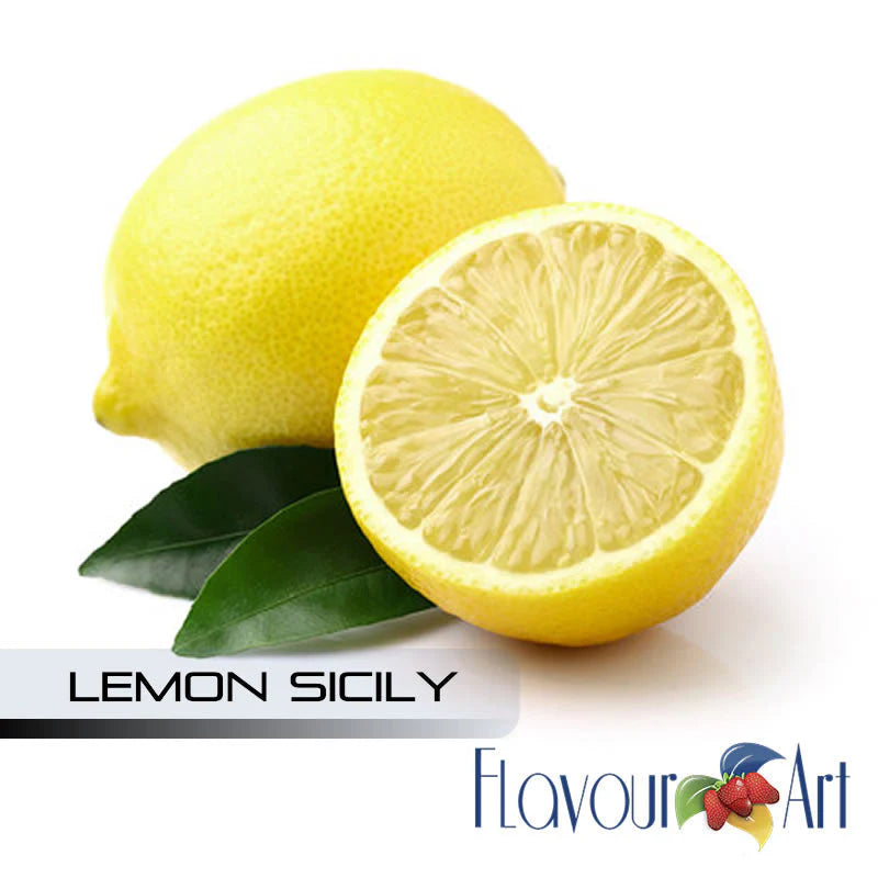 Two lemons, one whole and one sliced, with green leaves on a white background, featuring 'Lemon Sicily' and 'Flavour Art' branding.