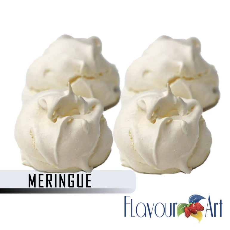 Three meringue cookies with 'Flavour Art' branding on a white background