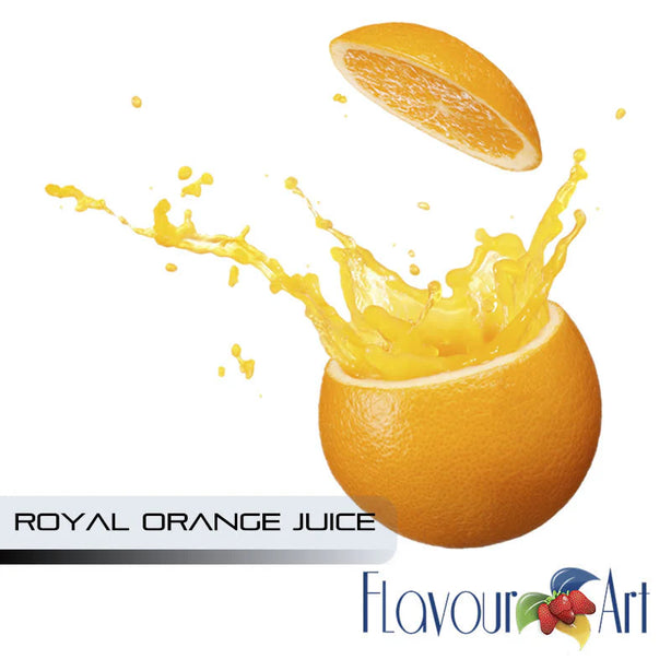 Orange being squeezed with juice splashing out, labeled 'Royal Orange Juice' by Flavour Art.