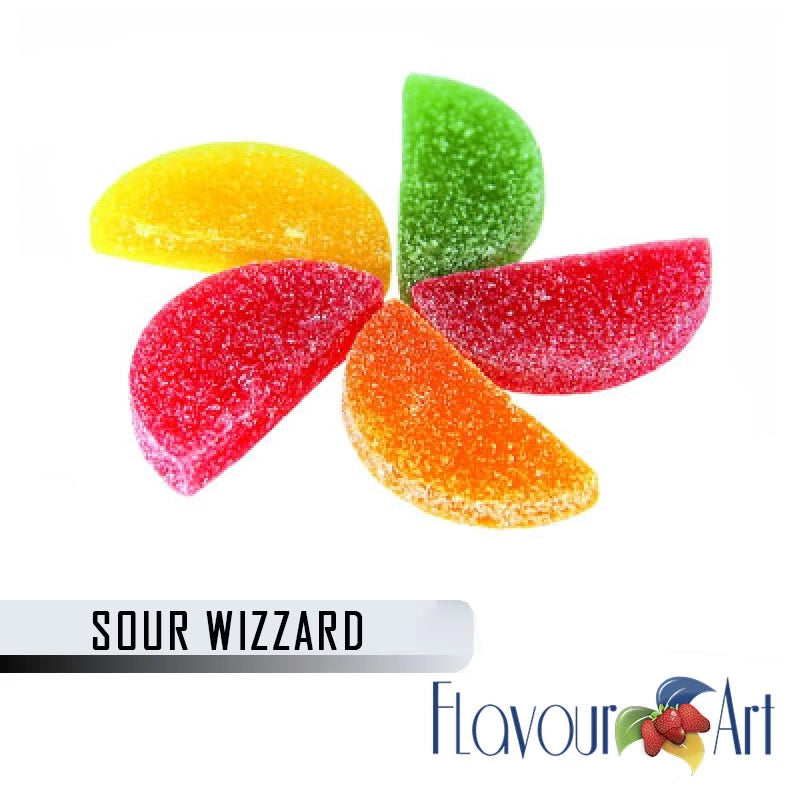 Colorful gummy candy in the shape of a flower with 'Sour Wizzard' text and Flavour Art logo.