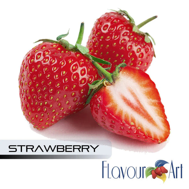 Strawberries with one cut in half on a white background, featuring the Flavour Art logo.