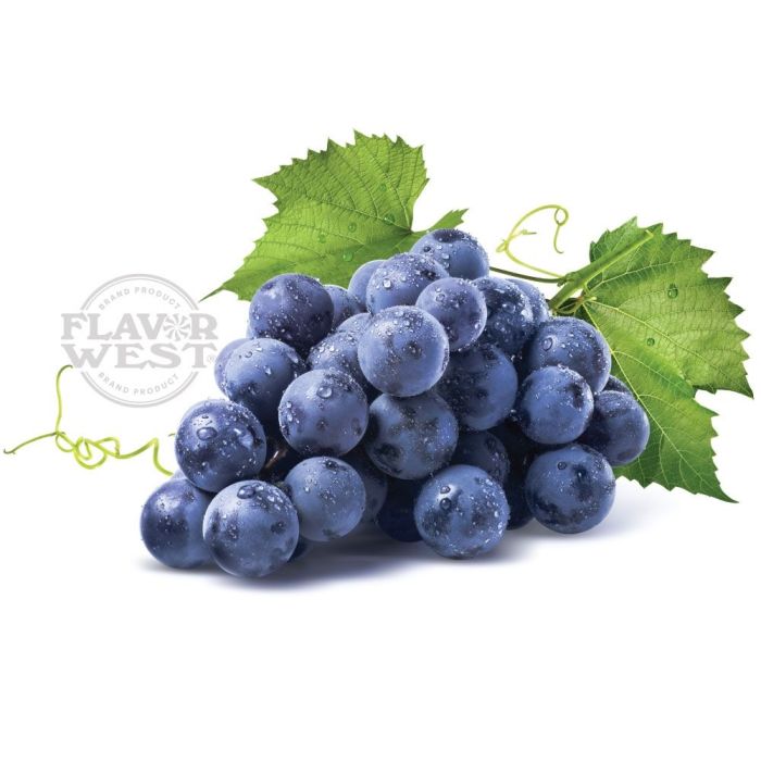 Bunch of blue grapes with green leaves on a white background, featuring the Flavor West logo.
