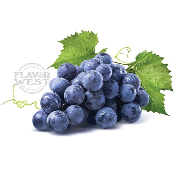 Bunch of blue grapes with green leaves on a white background, featuring the Flavor West logo.