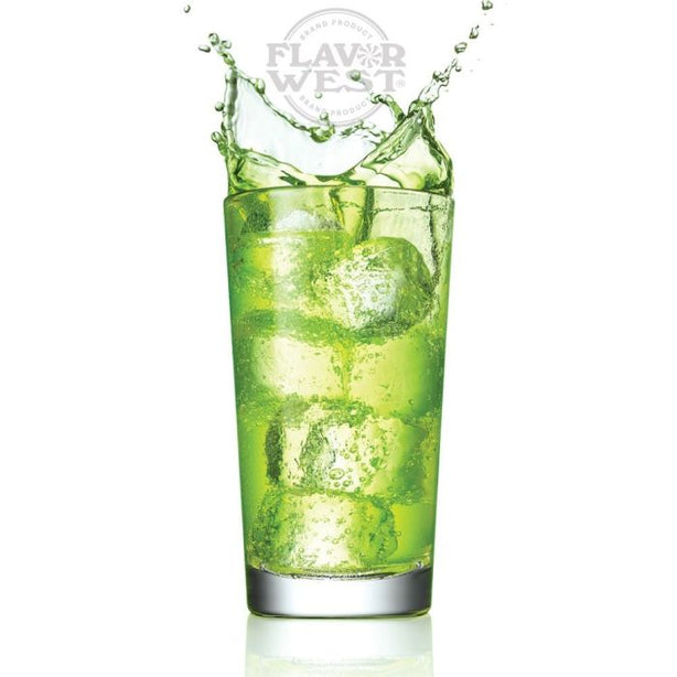 Glass of green liquid with ice cubes and splashing water, featuring Flavor West logo.