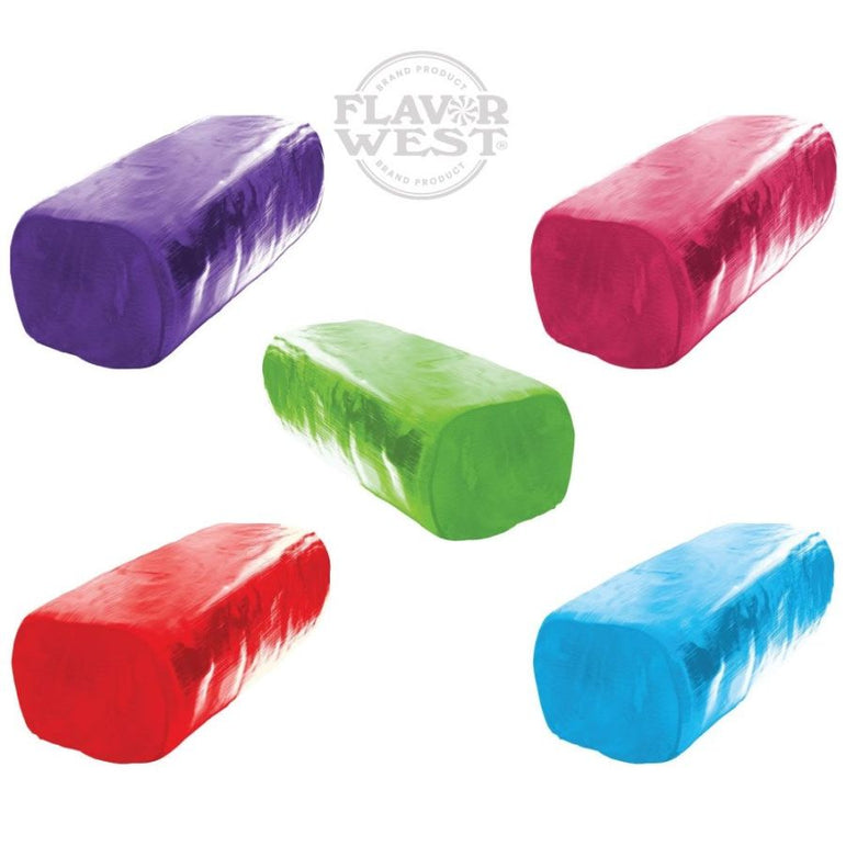 Five colorful gummy candy bars on a white background with 'Flavor West' branding.