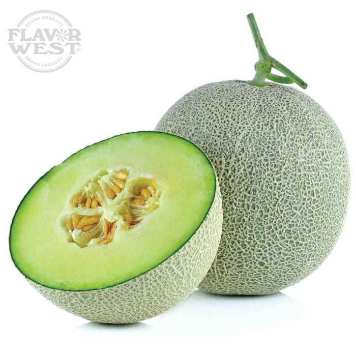Whole and half cantaloupe with Flavor West logo on a white background