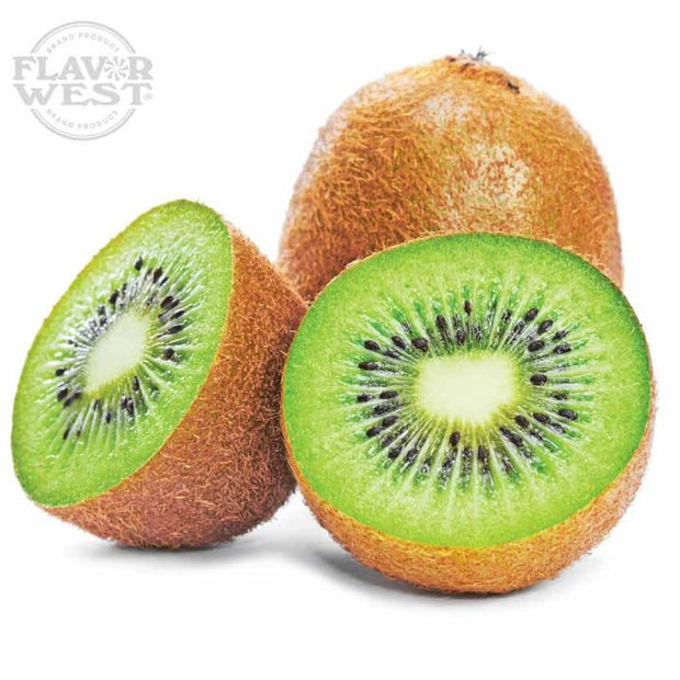 Two kiwis, one whole and one sliced open, on a white background with 'Flavor West' logo.