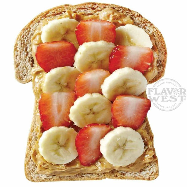 Toast with peanut butter, bananas, and strawberries on a white background
