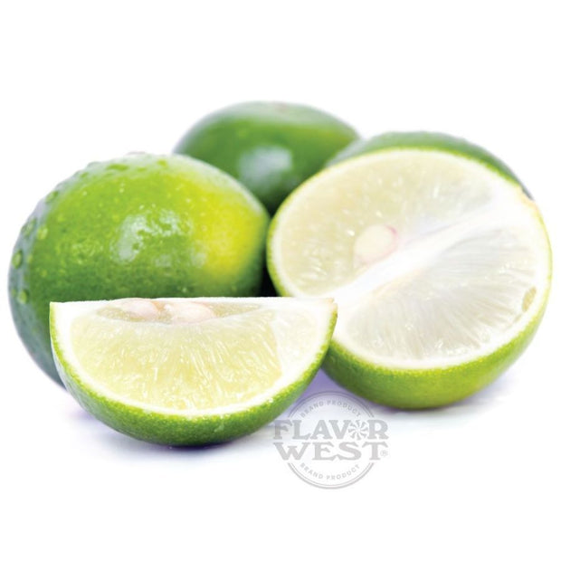 Green limes with one cut in half on a white background, featuring the Flavor West logo.